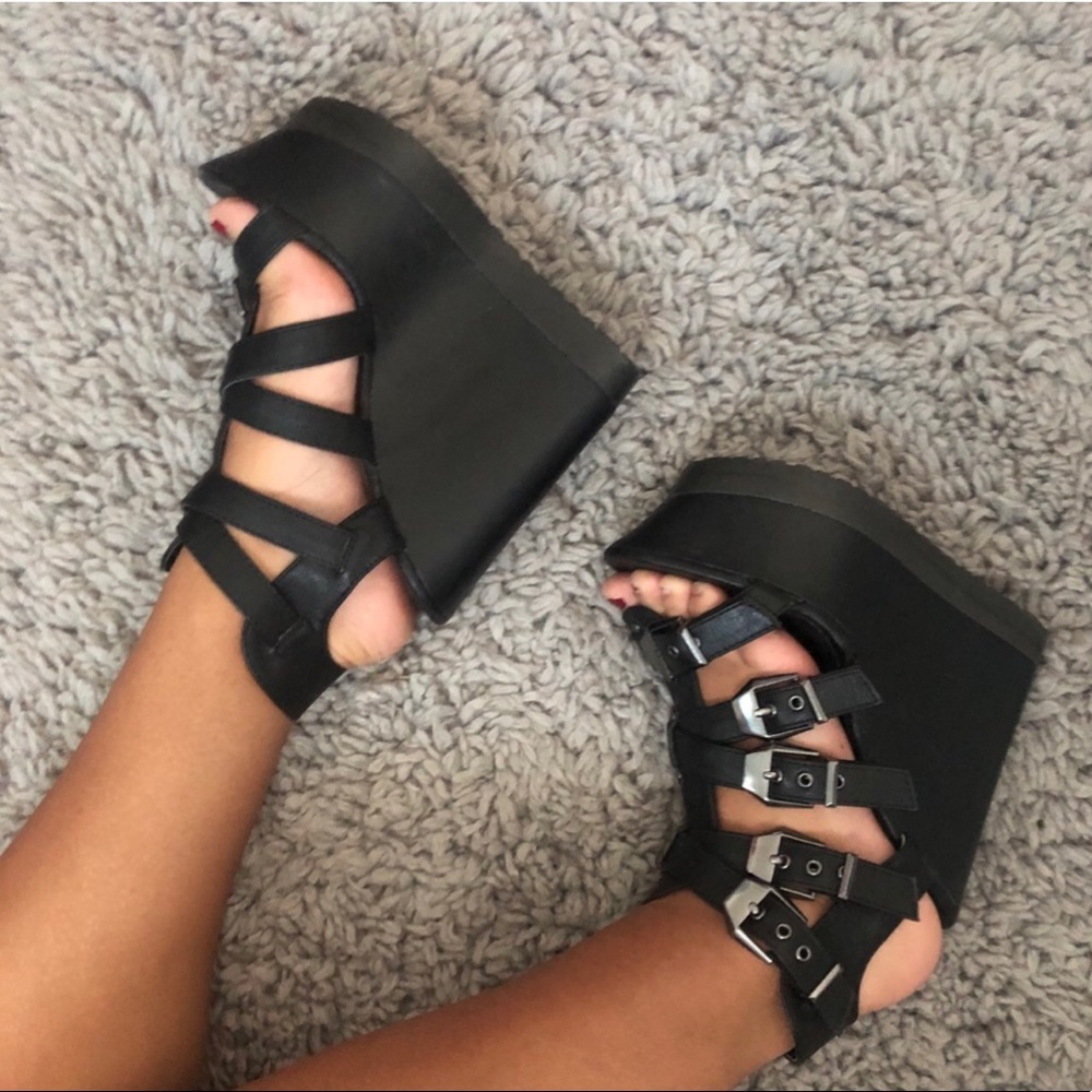 Black chunky strappy platform cyber goth heels